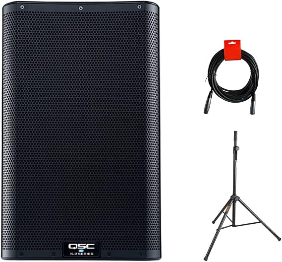 QSC K10.2 Active 10" Powered 2000 Watt PA Loudspeaker Bundle with Auray SS-4420 Speaker Stand and XLR-XLR Cable