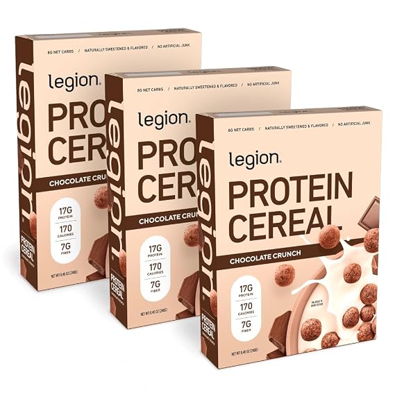 Legion Protein Cereal with 17g Milk Protein Naturally Sweetened, High-Fiber Breakfast Cereal Gluten-Free, Soy-Free, Lab-Tested for Purity Variety 3 Pack for Adults & Athletes - Chocolate Crunch