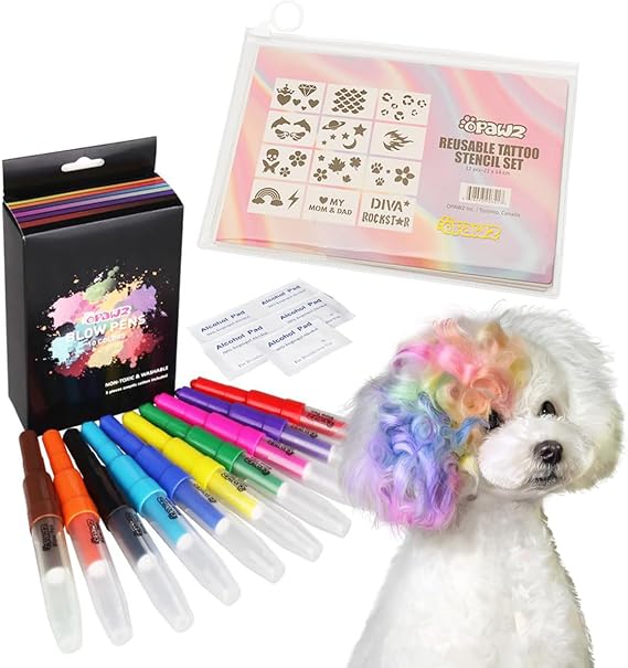 OPAWZ Blow Pen 10 Colors with Tattoo Stencil 12pcs Suit, Temporary Color Dog Hair Dye, Non-Toxic and Washable Pet Hair Dye, Semi Permanent Color Dye for Dogs and Cats Grooming