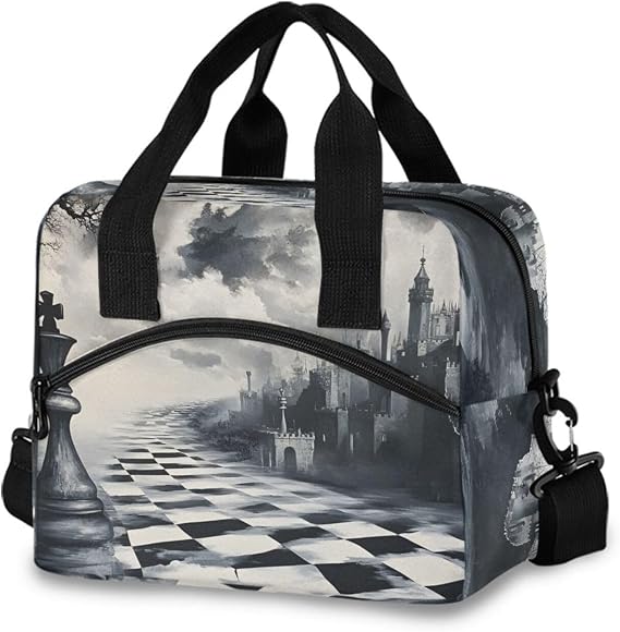 Insulated Lunch Bags Chess Black Print 19 Cans Large Capacity Cooler Lunch Box with Adjustable Detachable Strap 11.47.19.5 in