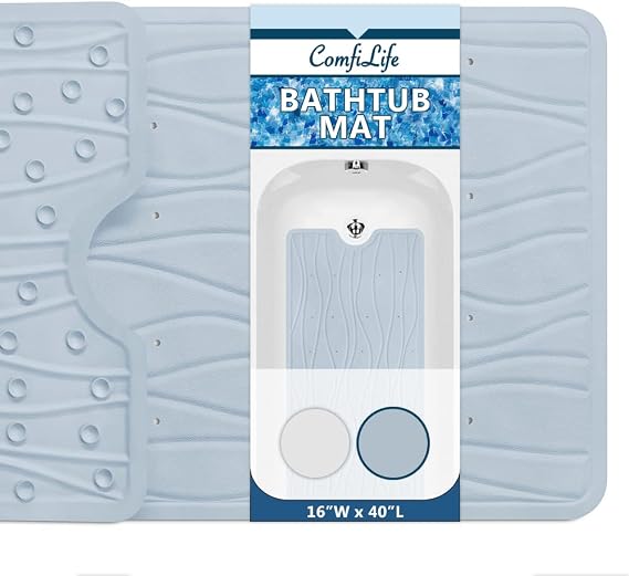 ComfiLife Bath Mat for Bathroom Tub and Shower Non Slip Extra Large Bathtub Mat with Drain Holes & Suction Cups Machine Washable Rubber Mats to Keep Bathtub Clean (Light Blue, Wave 16" x 40")
