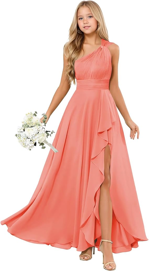Junior Bridesmaid Dresses One Shoulder Chiffon Flower Girl Dress for Wedding Girls Bridesmaid Prom Dress