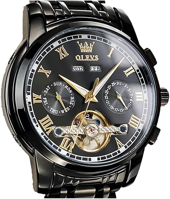 OLEVS Self Winding Watches for Men Automatic Mechanical Dress Tourbillon Stainless Steel Dual Calendar Waterproof Luminous Wrist Watch
