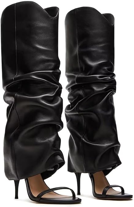 Agodor Black Slouchy Knee High Boots for Women Detachable Slouched Ruched Stiletto Heeled Sandals Round Open Toe Pull On Fashion Long Boots US9