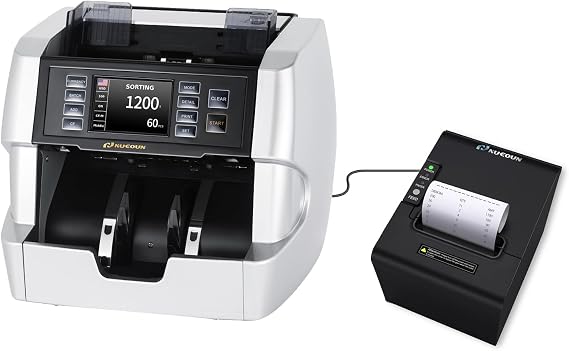 NUCOUN VC-7 Silver Mixed Denomination Money Counter Machine and VCP-80 80mm Thermal Receipt Printer