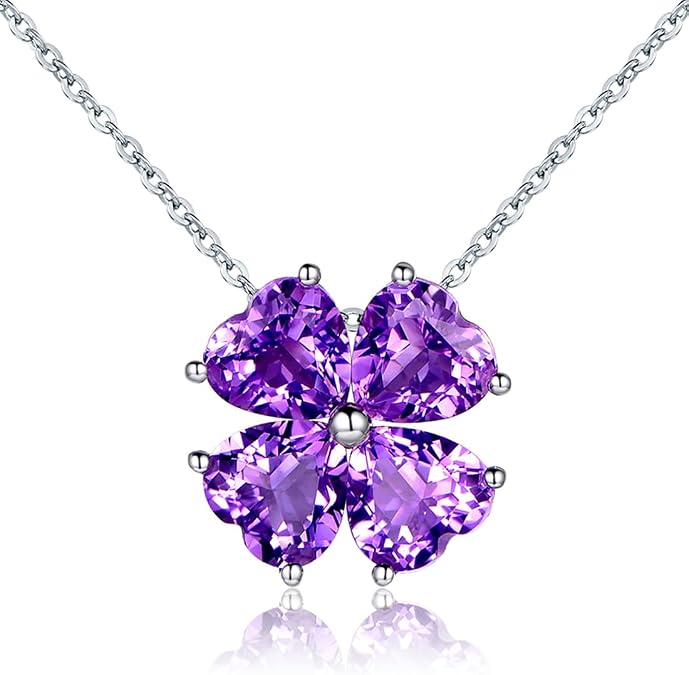 JIANGXIN Colorful Birthstone 925 Sterling Silver Handmade Pendant Necklace for Women Lucky Four Leaf Clover Plant Shamrock Jewelry Rhodium Plated