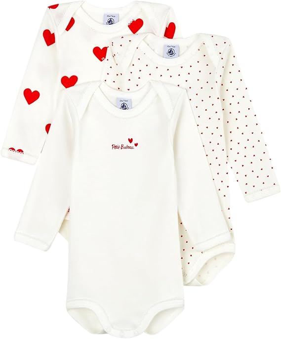 Petit Bateau Babies' Heart Patterned Long-Sleeved Cotton Bodysuits - 3-Pack STYLE A00BC SIZES 3-36 MONTHS