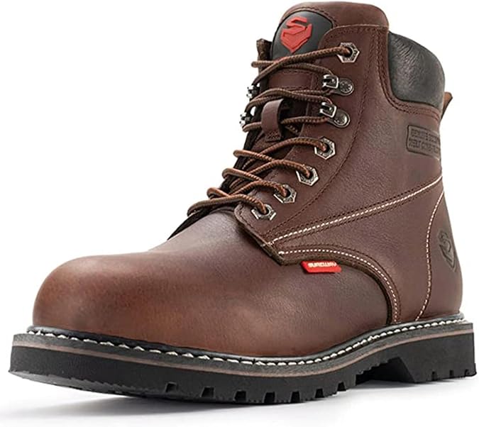 SUREWAY Mens Heavy Duty Soft/Steel Toe Work Boots for Men,Goodyearwelt,Full Grain Leather Working Construction Boot,Slip/Oil/Water Resistant Industrial Safety Shoes,Soft Toe Dark Brown,Size 12