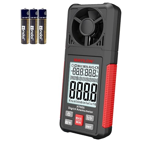 Anemometer HT-605 Digital High Accuracy Large Screen LCD Air Flow Meter, Wind Dynamometer Wind Direction Meter Wind Temperature Measurement Instrument Handheld Wind Speed Meter Max/Min/Average Wind