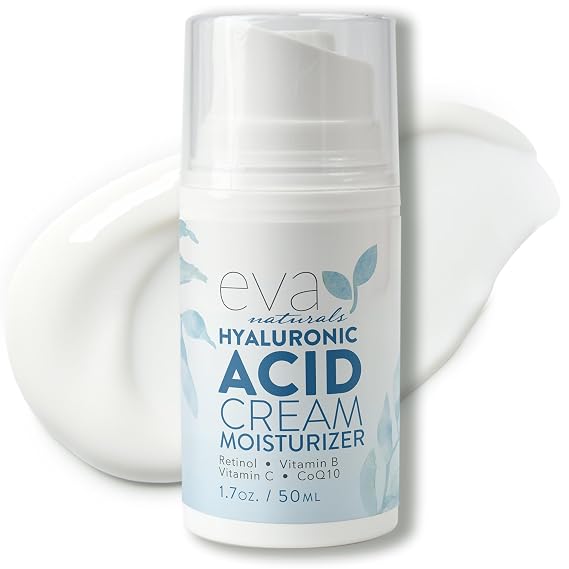 Eva Naturals Hyaluronic Acid Face Cream Deep Hydration & Firming Moisturizer with Retinol, Vitamin C & Q10 for Anti-Aging, Wrinkle Reduction & Collagen Support Day & Night Facial Cream - 1.7 Fl Oz