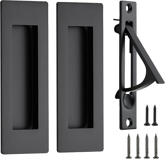 JOY DECOR Black Pocket Door Hardware Set, 2 Pcs 4.72 in Handles & 1 Pc Pull