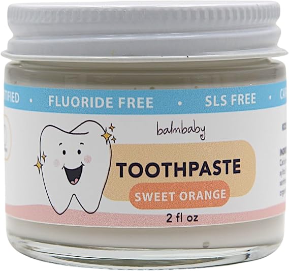 Kids All Natural Fluoride Free Toothpaste SLS Free Toothpaste with Xylitol, Vegan Gluten Free, Glass Jar Zero Waste Teeth Paste (Orange)