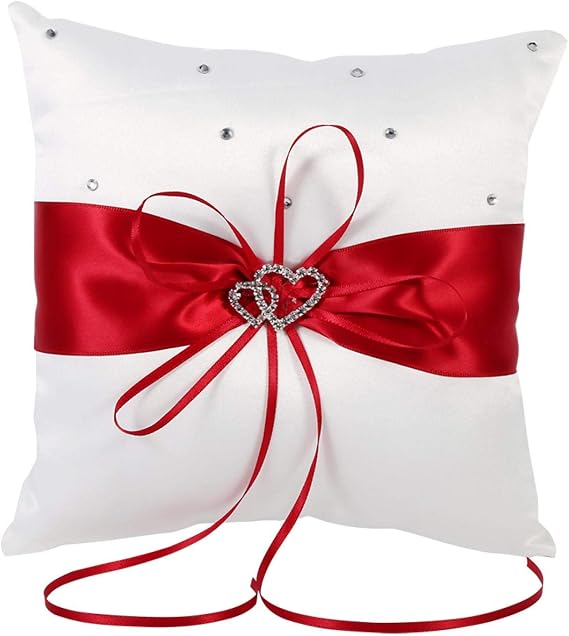 Tyenaza Wedding Ring Pillow, 8 x 8 Inch Wedding Ring Bearer Pillow Red Ring Holder Pillow Cushion with Bowknot Stain Double Hearts Diamonds for Wedding Ceremony