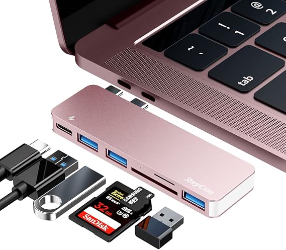 USB C Hub Adapter for MacBook Pro/Air 2020 2019 2018, 6 in 1 USB-C Accessories Compatible with MacBook Pro 13 and 15 with 3 USB 3.0 Ports, TF/SD Card Reader, Power Delivery (Pink)