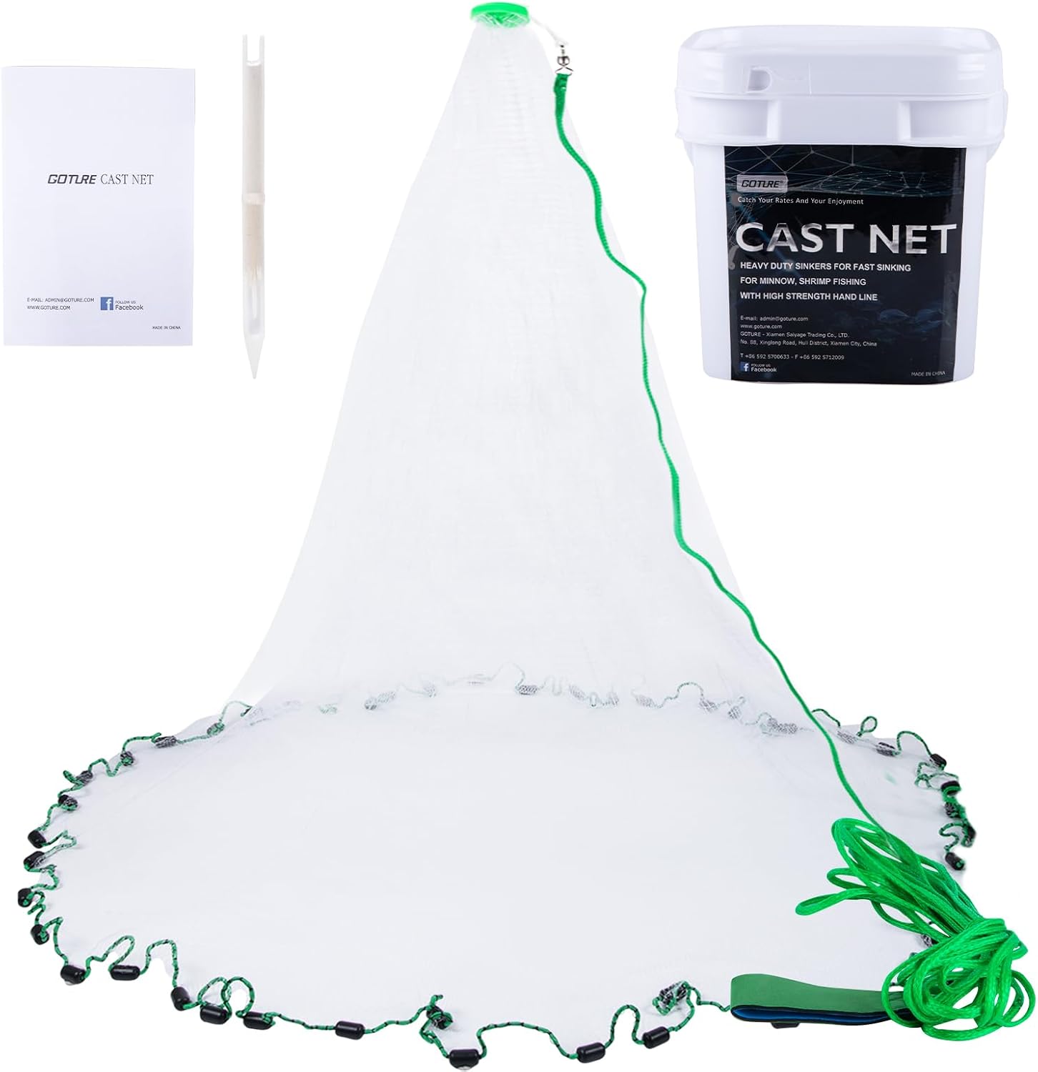 Goture American Fishing Cast Net Saltwater Freshwater, 14in Mesh Size Casting Net for Bait Fish Shrimp Trap, Black Sinkers, 3ft Radius Throw Cast Net with Needle
