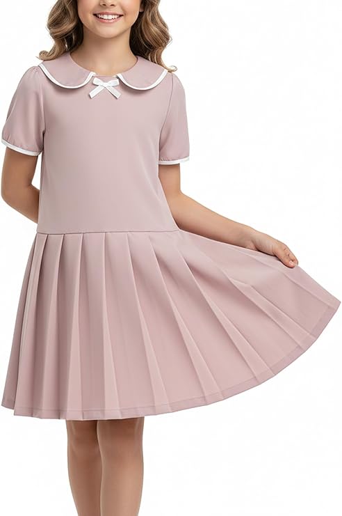 Short Sleeve School Uniform Dress for Girls' Sailor Collar Pleated Dress