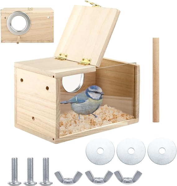 Budgie Nesting Box with Transparent Window, Wooden Bird Cage House for Lovebirds, Finches, Parrots, Canaries