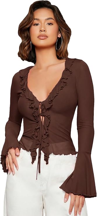 GORGLITTER Women's Bell Sleeve Tops Blouse Sheer Ruffle Western Outfits