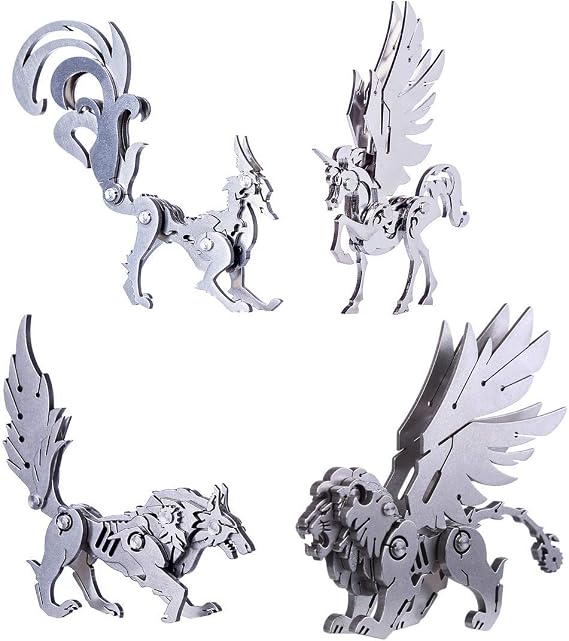 4 Pack 3D Metal Puzzle Model Set - Lion, Fox, Wolf, and Horse - Assembly Detachable DIY Ornaments - Perfect for Adults