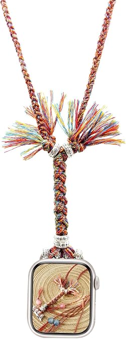 Necklace Adapter Pendant Compatible with Apple Watch, Pure Hand-woven Connector with Double Wrap Wrist Strap, Red and Blue Lanyard IWatch8/7/6/5/4/SE/9/S10