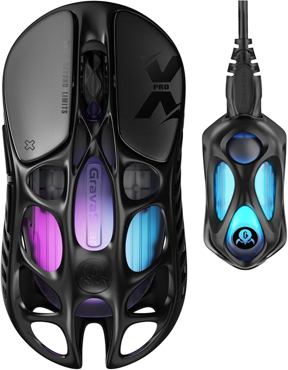 GravaStar Mercury X Pro Wireless Gaming Mouse, Come with 8K Dongle 32,000 DPI PAW 3950 Sensor, 8,000Hz Polling Rate, Only 49g, Magnesium Alloy Hollow Frame, RGB Lighting, 5 Programmable Buttons