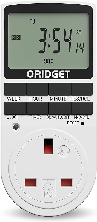 ORIDGET Digital Electrical Timer Plug Socket UK with 18 On-Off Programs, Countdown and Security Random Mode for Lights and Home Appliances, 24 Hour Weekly Programmable (13A / 2900W) (1 PACK)