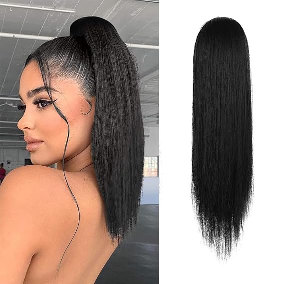 BARSDAR Short Straight Ponytail Extension - 14 Inch Drawstring Black Ponytail Hair Extensions for Women - Synthetic Fake Pony Tails Hairpieces Clip in Straight Ponytails Daily - Jet Black