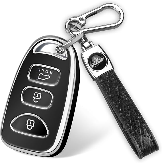 QBUC for Hyundai Key Fob Cover with Keychain,Compatible with Hyundai Elantra Sonata Accent Tucson Kia Forte Optima Rondo Sorento Spectra Genesis 4 Buttons Old Smart Key (Black, Silver edge)