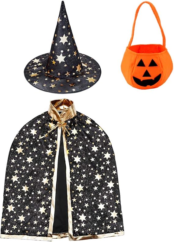 Jackcell Wizard Cape Witch Cloak with Hat and Pumpkin Bag, Halloween Costume Props for Kids Cosplay Party