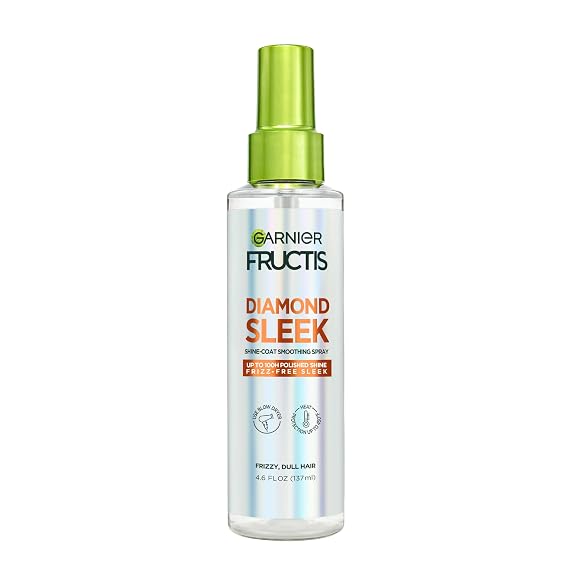 Garnier Fructis Diamond Sleek Hair Shine Spray, Up to 100-Hour Frizz Control, Heat Protectant up to 450F with Vegan Keratin Smoothing Complex and Argan Oil for Frizzy, Dry, Dull Hair, 4.6 Fl Oz