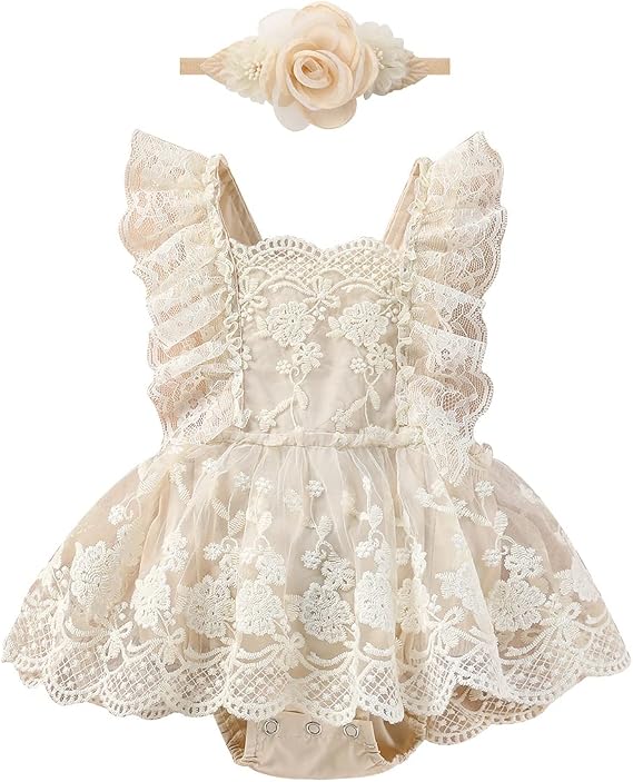 OBEEII Baby Girls 1st Birthday Outfit Boho Floral Embroidery Lace Romper Dress+Headband Infant Cake Smash Photoshoot Outfit