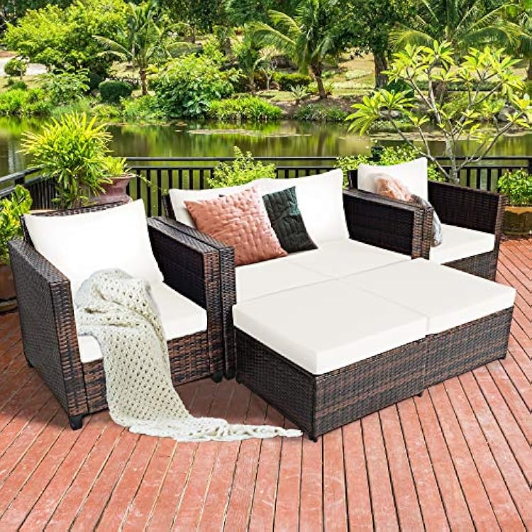 Tangkula 5 Pieces Patio Wicker Furniture Set, Outdoor Rattan Sofa Set with Loveseat, 2 Single Sofas, 2 Ottomans & Removable Cushions, Sectional Daybed Sofa Set for Yard, Garden, Poolside, White