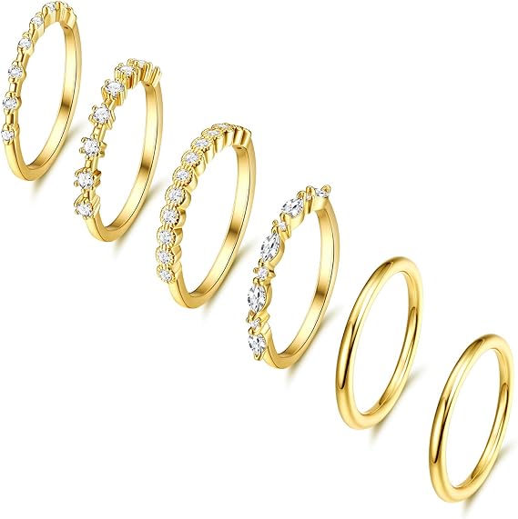6PCS Non Tarnish Gold Stacking Rings for Women Waterproof Cubic Zirconia Adjustable Rings Set Wedding Thumb Statement Engagement Promise Ring,Size 7(Gold)