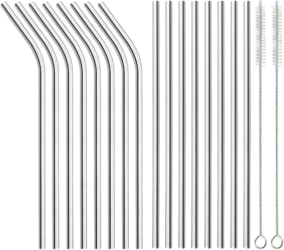 ANNVCHI 16 Pack of Reusable Stainless Steel Metal Straws, 8 Straight + 8 Bent 8.5 inch Metal Straws with 2 Cleaning Brushes, Straw Compatible with 20oz Stanley Cup