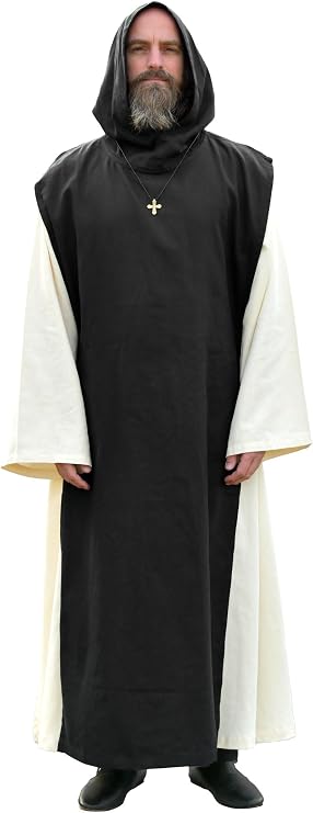 Battle-Merchant Medieval Monk Robe Anselm 2-in-1 Habit with Hood & Scapular, Natural/Black, 100% Cotton
