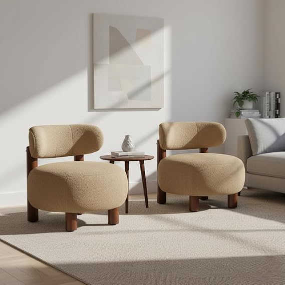KISLOT, Modern Boucle Accent Chair, Curved Backrest, Camel, Set of 2 | With Plush Faux Sherpa Upholstery, Solid Wood Legs 27.5", Living Room Bedroom Reading Nook