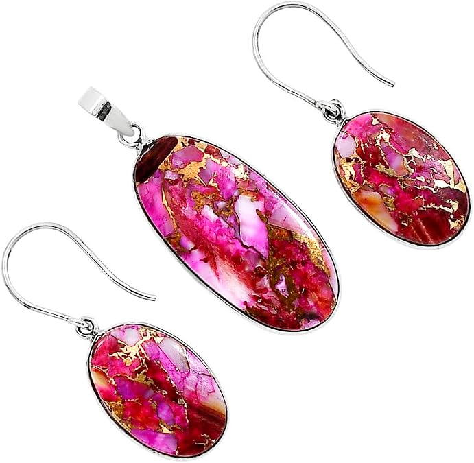 Kingman Pink Dahlia Turquoise 925 Silver Plated Pendant Earrings Set WT30-10012