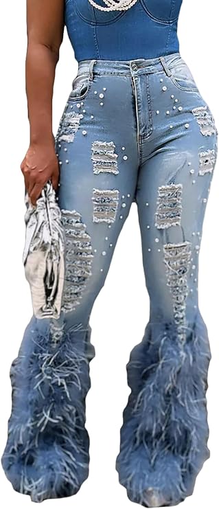Kwunbwa Women's Pearl Ripped Jeans High Waisted Feather Stretch Denim Pants