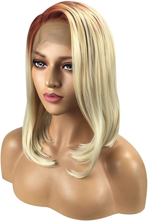 Hand Woven Fashion Women Gradient Straight Hair Front Lace Wig Hair Set 16 Inch