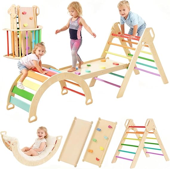 Large pikler Triangle Set with Cushion,7 in 1 Foldable Baby Jungle Gym with Ramp & Arch,Wooden Montessori Toddler Climbing Toys Indoor for Toddlers 1-6 Year Old Rainbow
