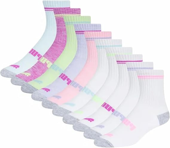 PUMA Girls Low Crew Socks, 10 pairs, Youth Size 4-9.5