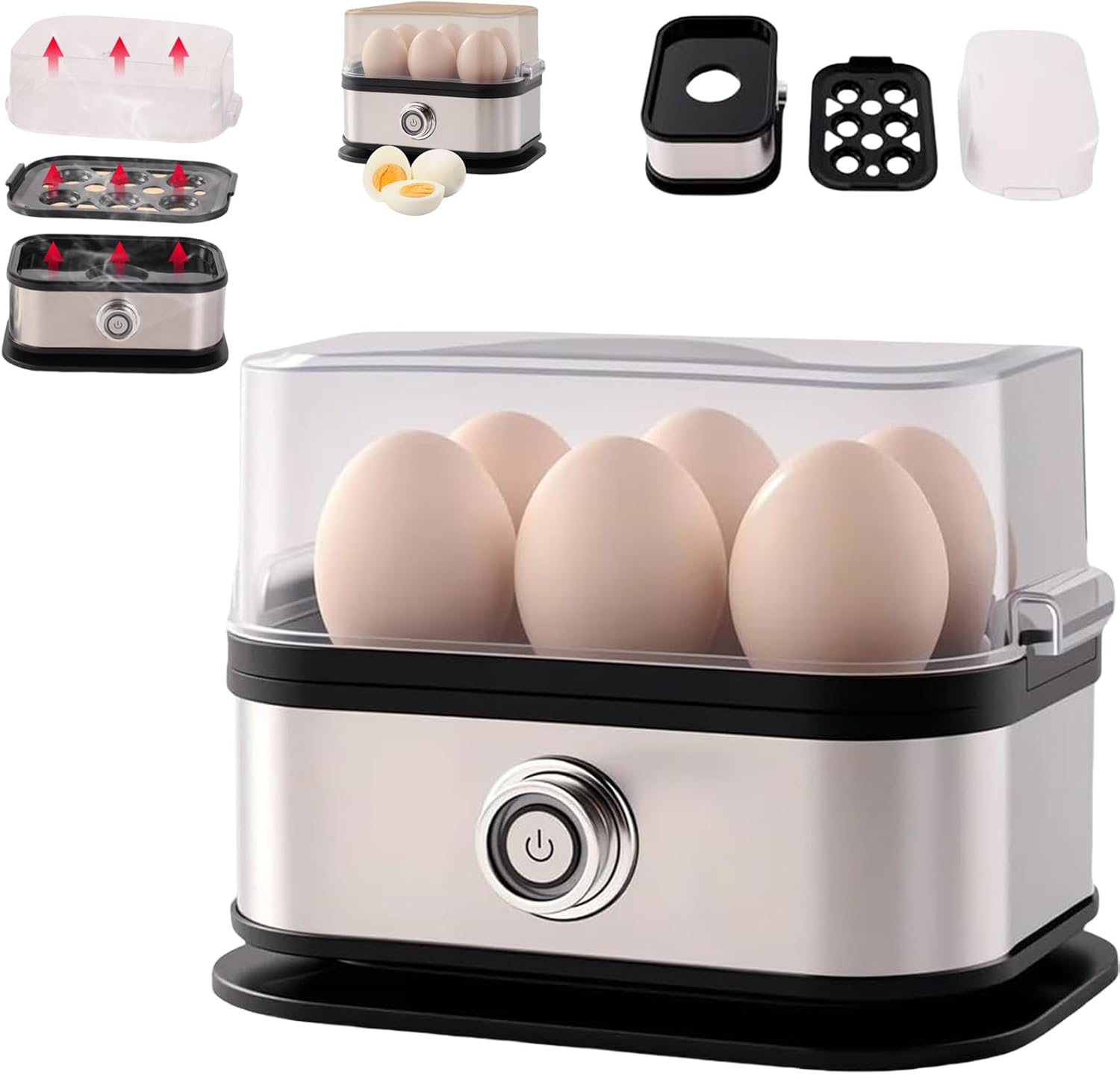 Smart Egg Cooker with Auto Shut, Stainless Steel Egg Cooker, Rapid Egg Cooker Electric 6 Eggs Capacity, Hard, Medium, Soft Boiled Egg Poacher, Multi-function Knob Controled 1 Pc
