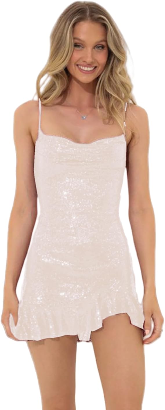 ANKOMINA Women's Sparkly Glitter Sequin Mini Dress Spaghetti Strap Lace Up Ruffle Hem Bodycon Dresses for Party Cocktail White