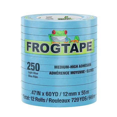 FrogTape 250 Light Blue Moderate Temperature Performance Grade Masking Tape, Medium-High Adhesion, 12mm x 55m, 12 Rolls per Pack