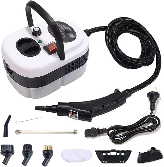 Handheld Steam Cleaner for Home, with 9pcs Accessories & 1.2L Large Tank, 6-Level Adjustable - Portable Steamer for Cleaning for Kitchen, Bathroom, Furniture, Car, Windows, Black and White