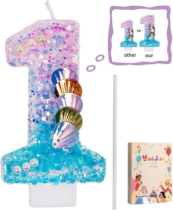 Extra Large Number 1 Mermaid Birthday Candle for Cake Topper with Seashells & Pearls Pink Purple Blue Candles Ocean Theme Decoration for Girls Women