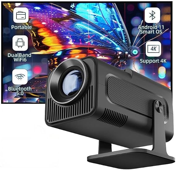 Smart Projector with built-in Apps, Wifi Bluetooth Projector 4K 1080P, Auto Keystone, Short Throw Projector and 270 Adjustable, Mini Portable Outdoor Movie Projector HY320 (Black)