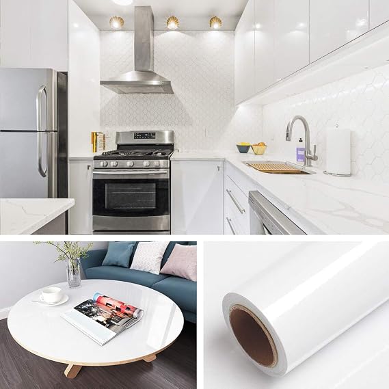 Livelynine 15.8 x 394 Glossy White Wallpaper Peel and Stick Kitchen Cabinet Contact Paper Waterproof Self Adhesive Shelf Liner Shiny White Vinyl Wrap for Shelves Drawers Countertop Peel & Stick