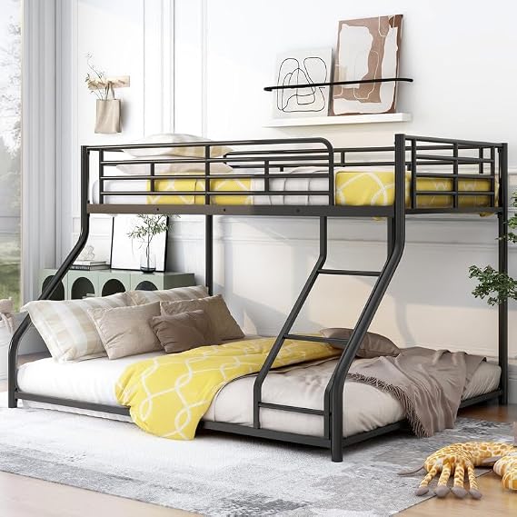 Metal Twin XL Over Queen bunk Bed, Floor Twin XL Over Queen Bunk Bed Frame with Ladder and Guardrails,Black