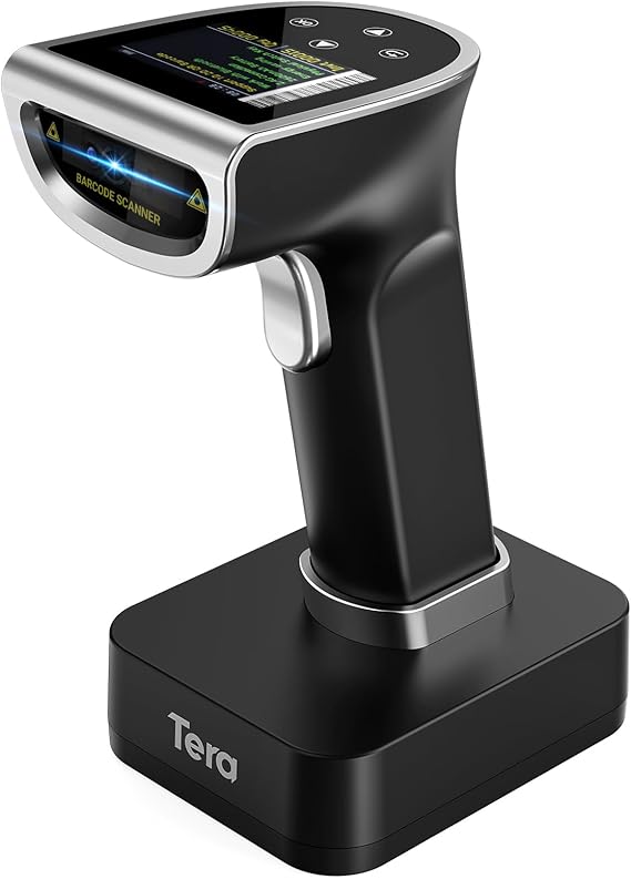 Tera Barcode Scanner Wireless with Screen: Pro Version 1D 2D QR with Digital Setting Keypad Power Switch Charging Cradle Works with Bluetooth 2.4G Wireless Bar Code Reader HW0015 Silver
